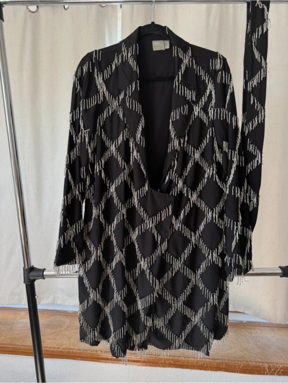 ASOS Black and White Geometric Fringe Wrap Blazer Dress